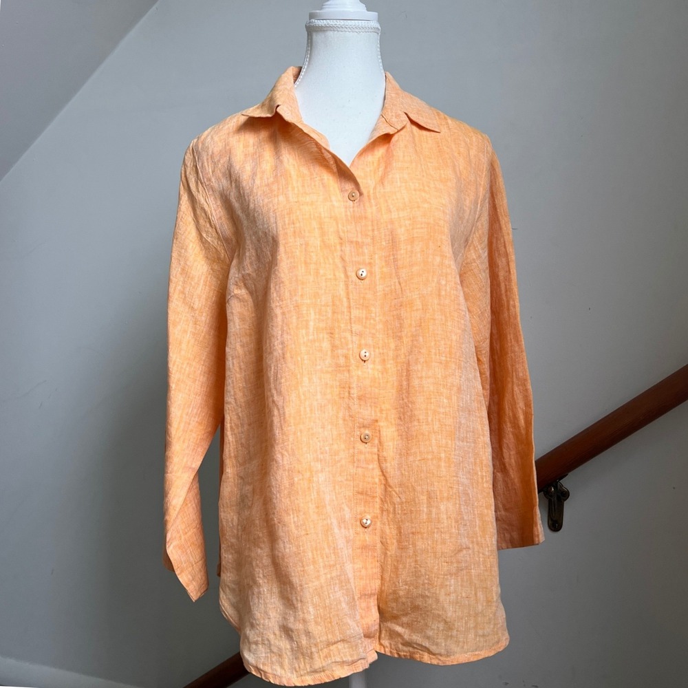 Kuusama 100% Linen Button Down Shirt Orange Oversized Minimalist Top Size Medium